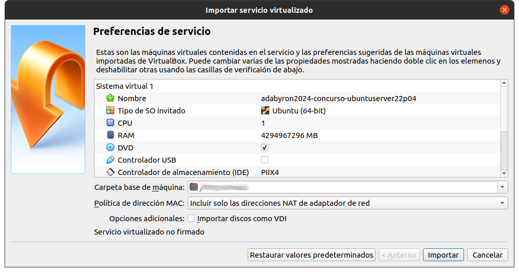 Opciones de importación en VirtualBox